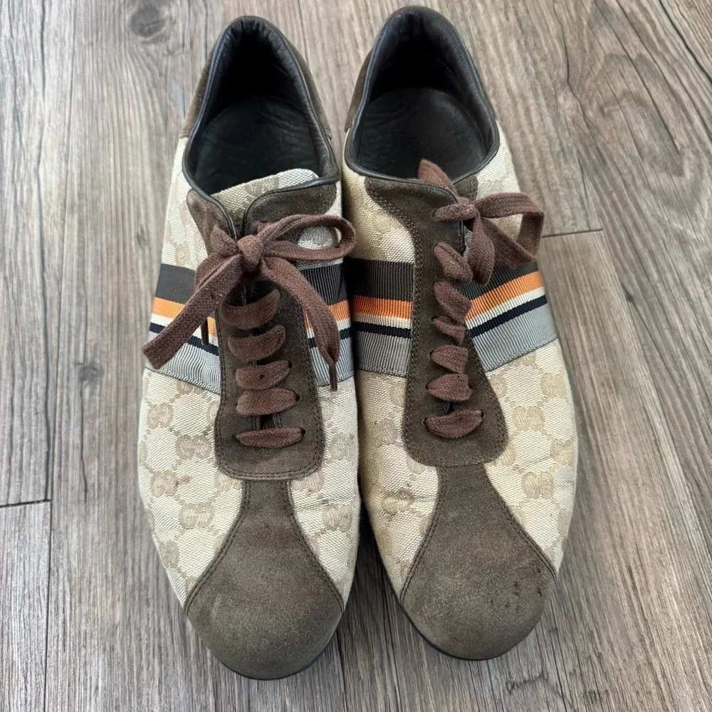 Gucci Iconic Classic Canvas Brown Suede Orange Stripe Sneakers Size 8.5